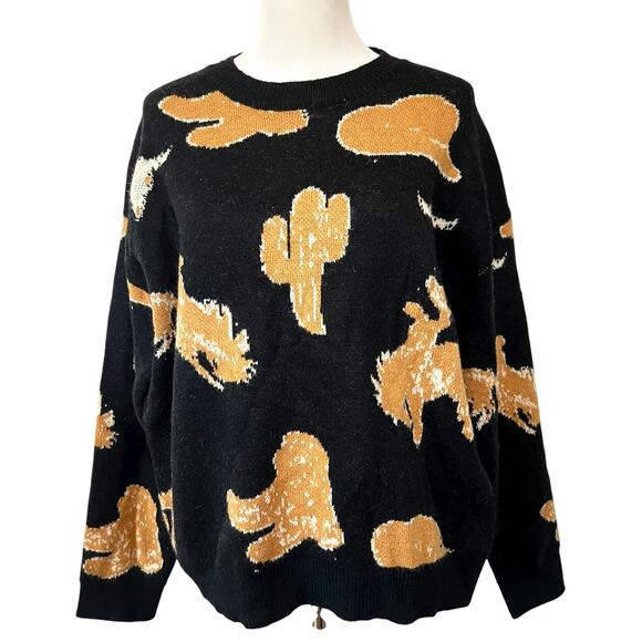 Blue B Womens Sweater Forever Western Cowboy Cactus Rodeo Black Pullover Sz L - Picture 2 of 9